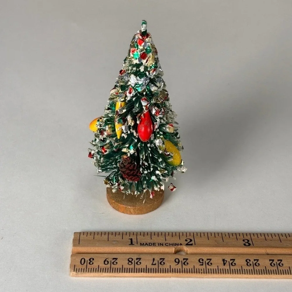 Vintage MCM Christmas Tree Bottle Brush Fruit Pinecone Miniature Wood Base 3.75